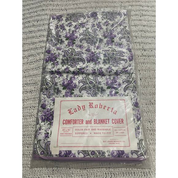 VTG NIP Lady Roberta Comforter Blanket Cover 80x80 Percale Floral Purple Cotton - Picture 1 of 5